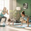 A young adult performing a 10-minute morning workout at home on a yoga mat with sunlight streaming through the window, surrounded by plants and cozy decor.
