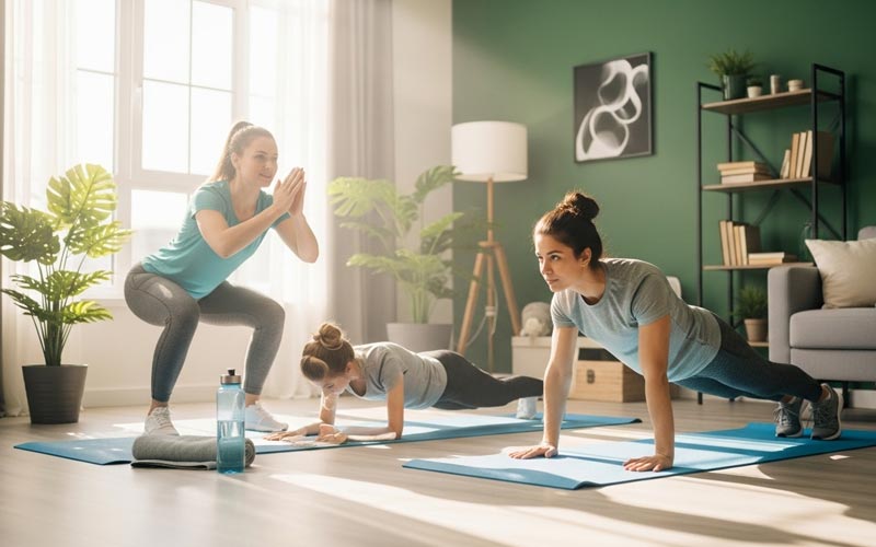A young adult performing a 10-minute morning workout at home on a yoga mat with sunlight streaming through the window, surrounded by plants and cozy decor.