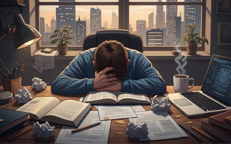 Person overwhelmed by overthinking with chaotic thoughts swirling around their head