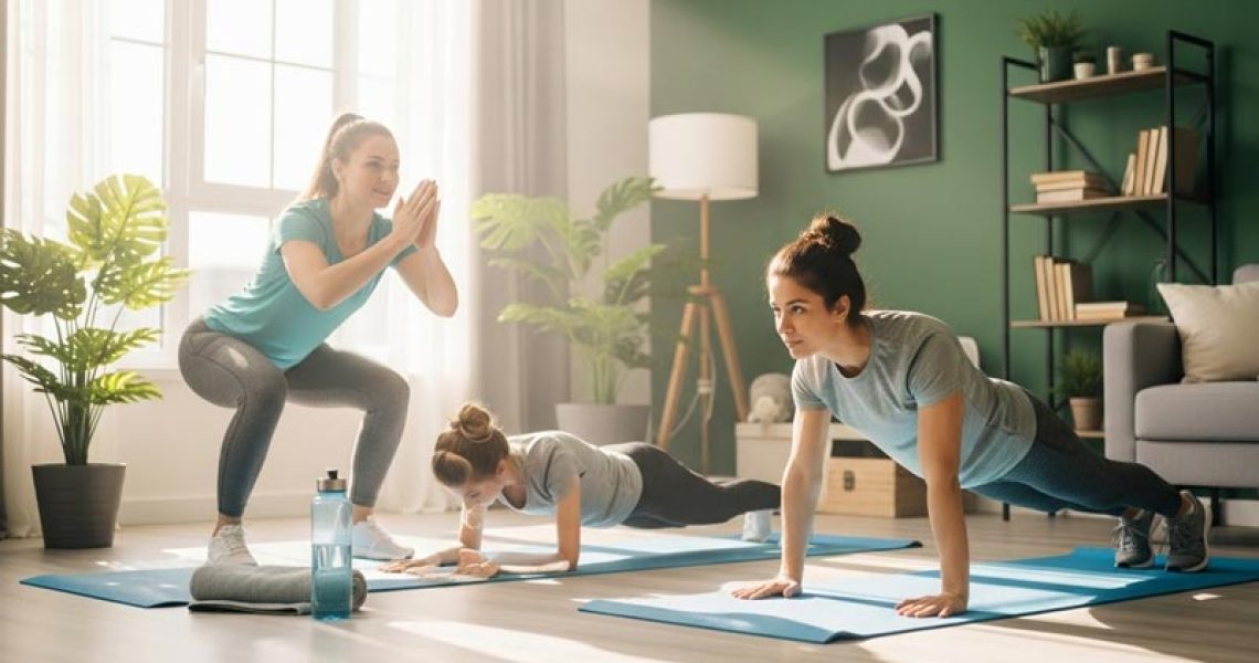 A young adult performing a 10-minute morning workout at home on a yoga mat with sunlight streaming through the window, surrounded by plants and cozy decor.