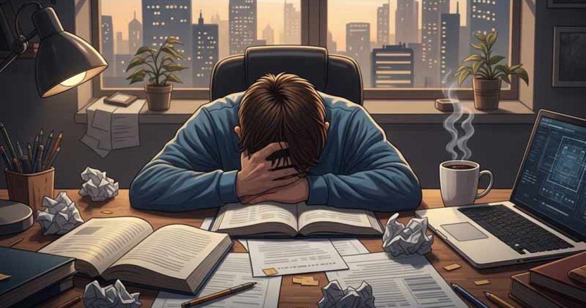 Person overwhelmed by overthinking with chaotic thoughts swirling around their head